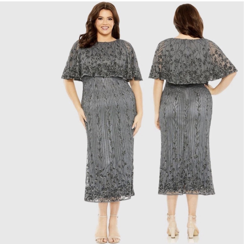 Mac Duggal NWT Size 20W Beaded Column Dress With‎ Cape Pewter Gray $498